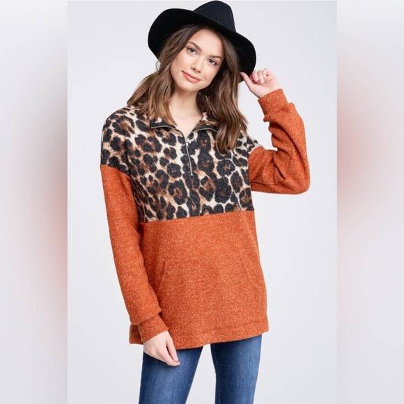 NWT White Birch Long Sleeve Cheetah Print Quarter Zip Pullover Sweater, Rust - Picture 4 of 8